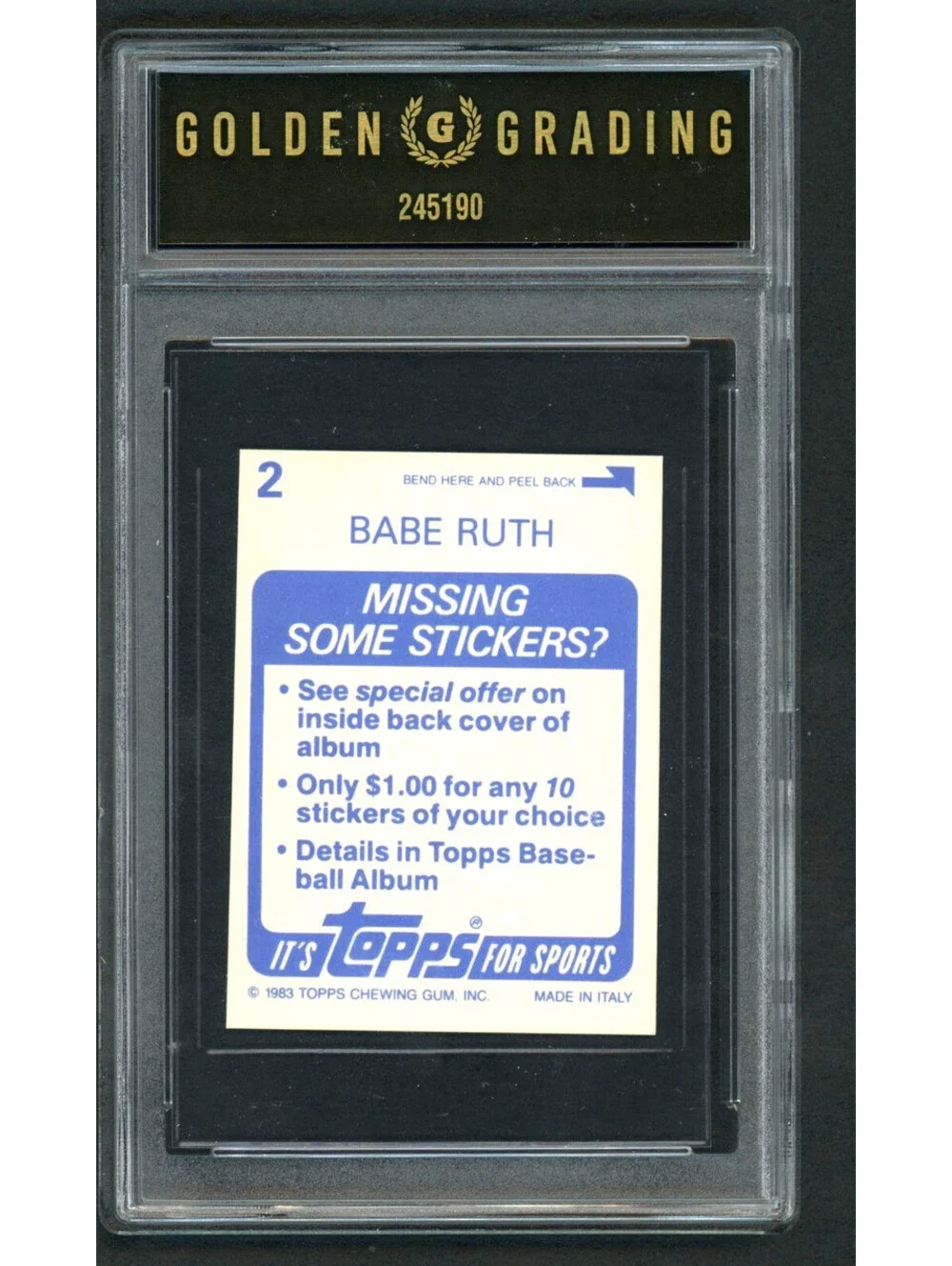 1983 Topps Foil Stickers Babe Ruth #2 Yankees HOF Graded 7 NM